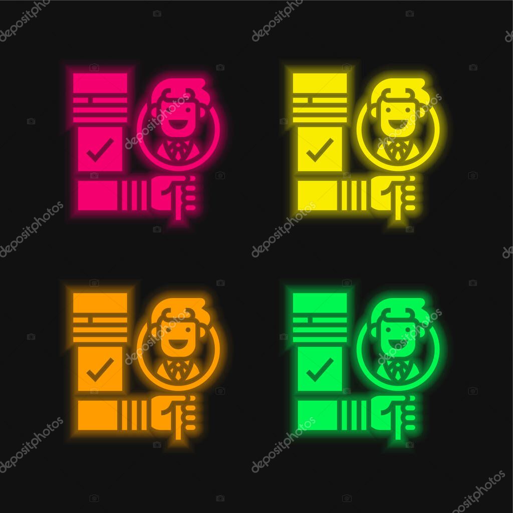 Background Check four color glowing neon vector icon