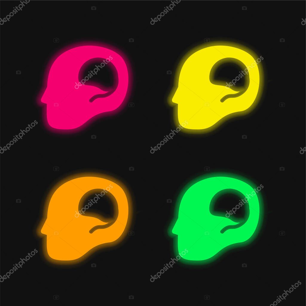 Brain In Bald Male Head four color glowing neon vector icon