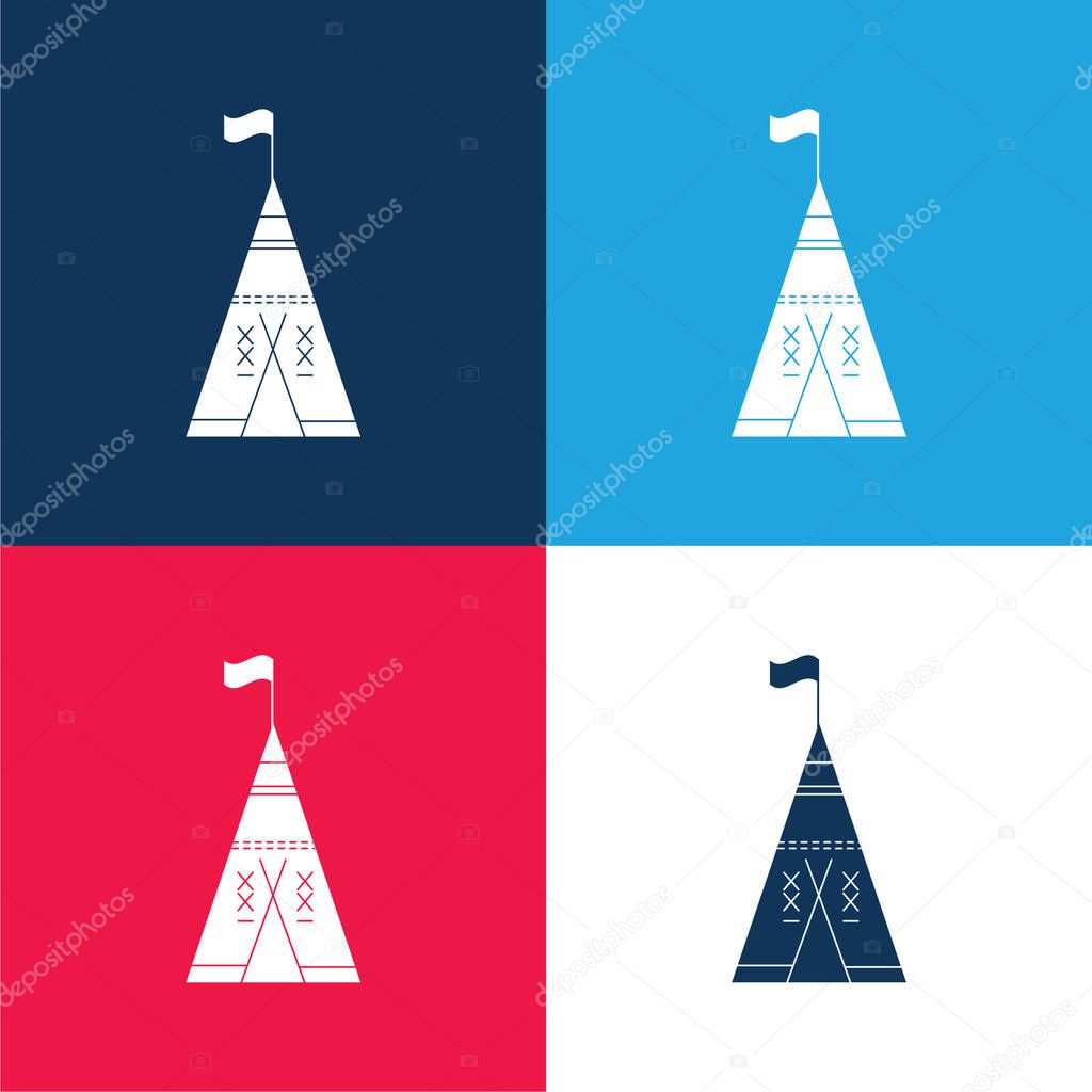 African Tribal Tent With Flag blue and red four color minimal icon set