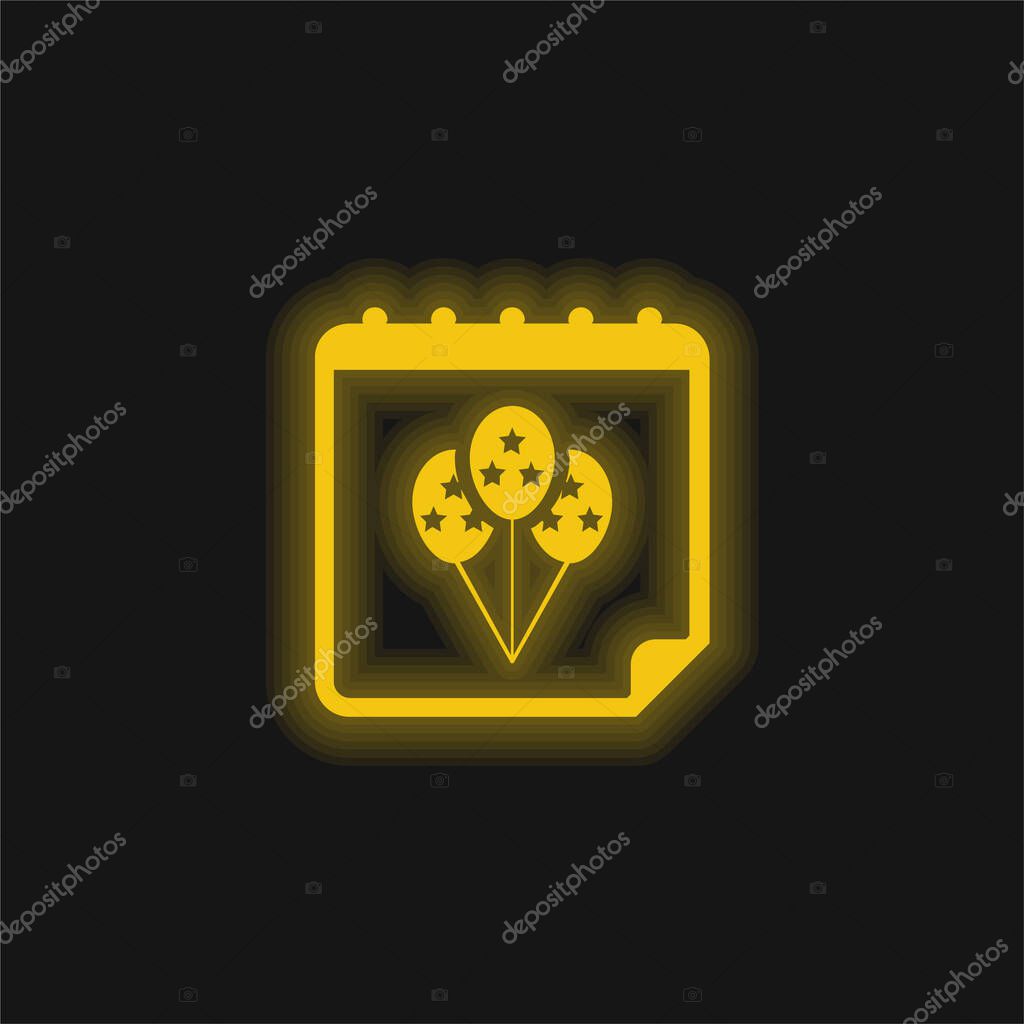 Birthday Balloons On Calendar Page yellow glowing neon icon