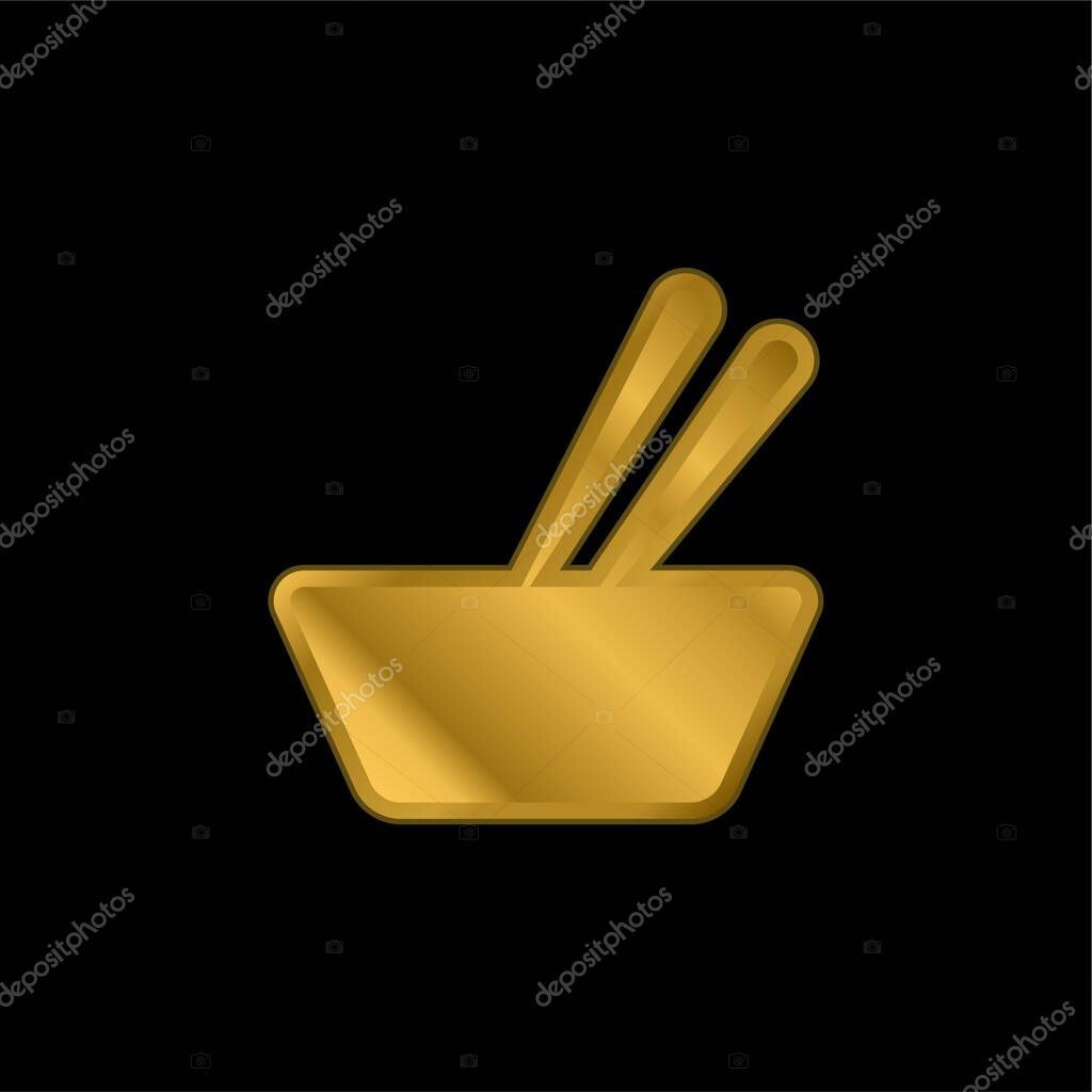 Bowl And Chopsticks gold plated metalic icon or logo vector