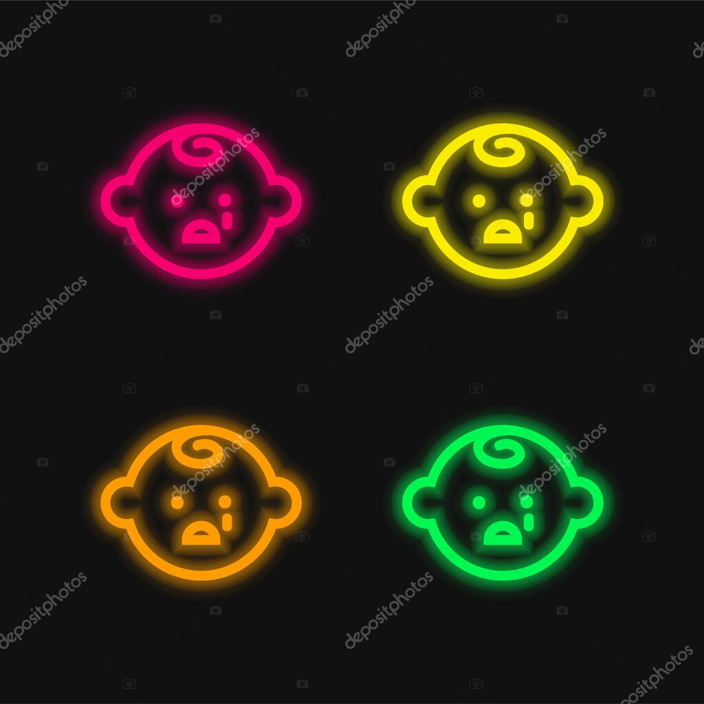 Baby Face Crying four color glowing neon vector icon
