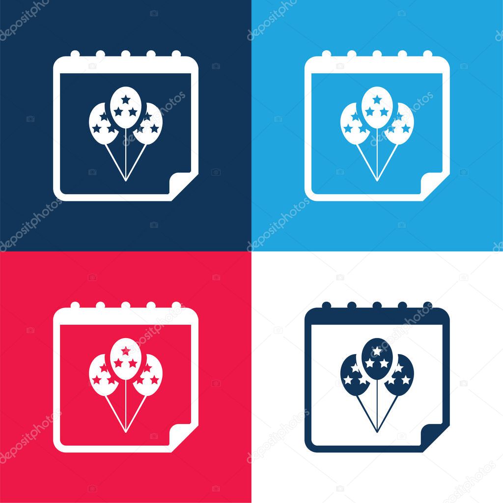 Birthday Balloons On Calendar Page blue and red four color minimal icon set