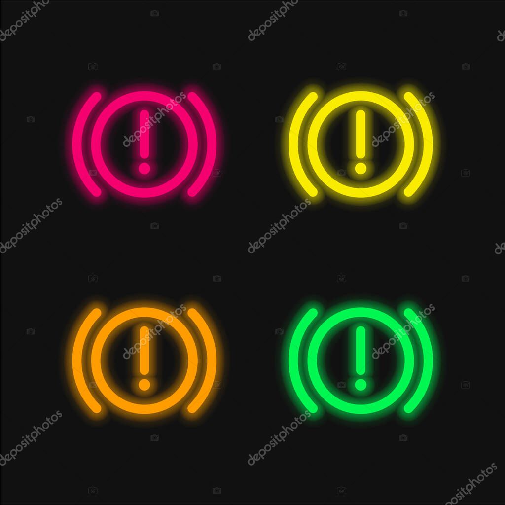 Brake System Warning four color glowing neon vector icon