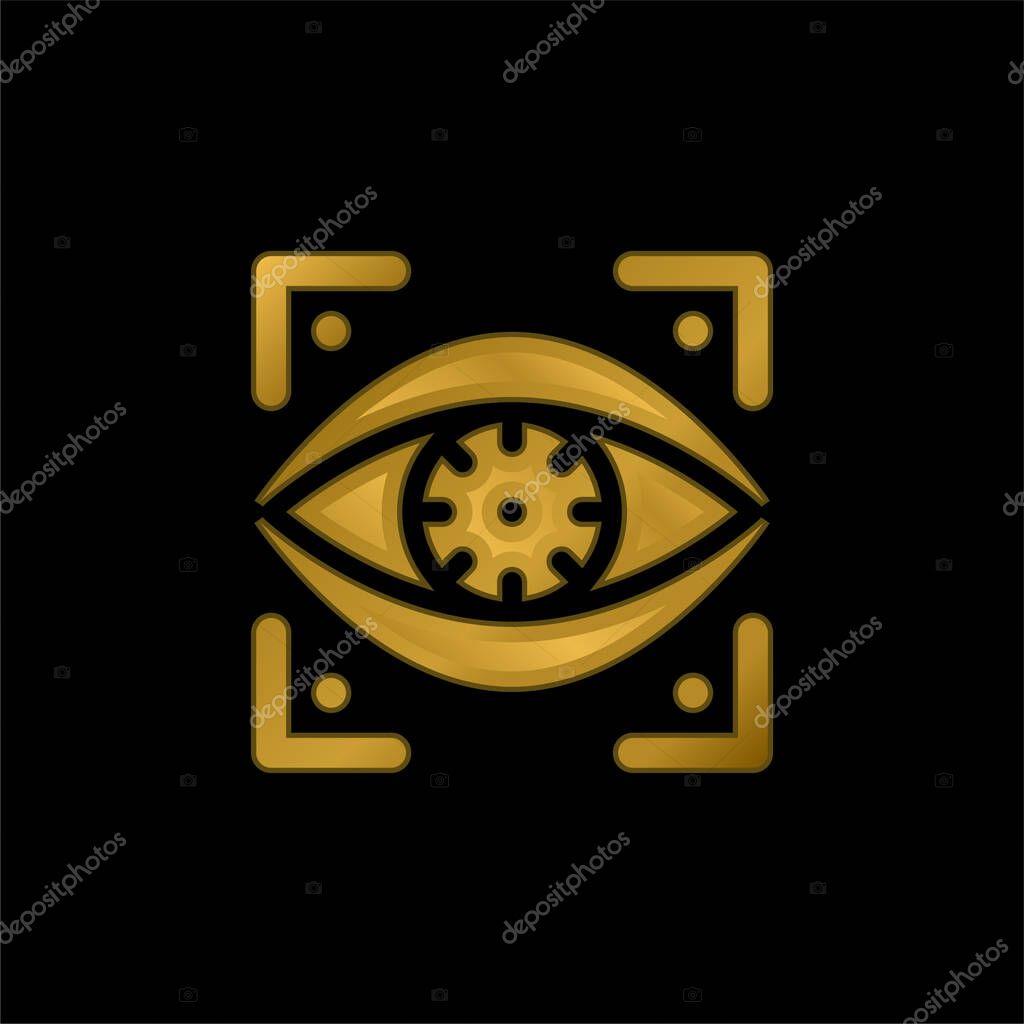 Bionic Eye gold plated metalic icon or logo vector