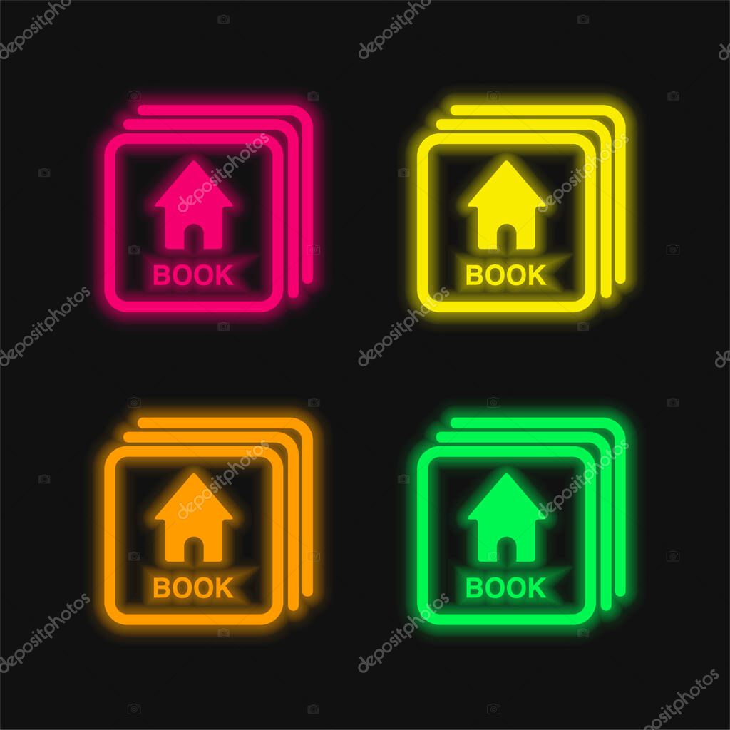 Baby Flash Cards With Book Image four color glowing neon vector icon