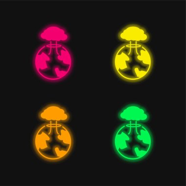 Bomb Exploding On Earth four color glowing neon vector icon clipart