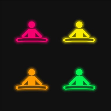 Boy Stretching Both Legs four color glowing neon vector icon