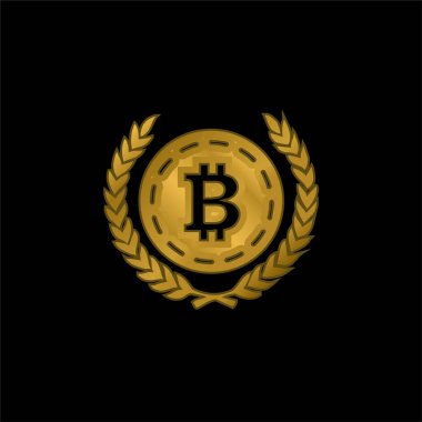 Bitcoin with Zeytin Yaprakları Her iki tarafta altın kaplama metalik ikon veya logo vektörü