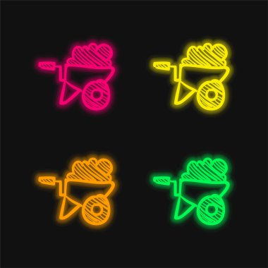 Yapı Malzemeleriyle Dolu Barrow Çekim Aracı Dört renkli parlak neon vektör simgesi