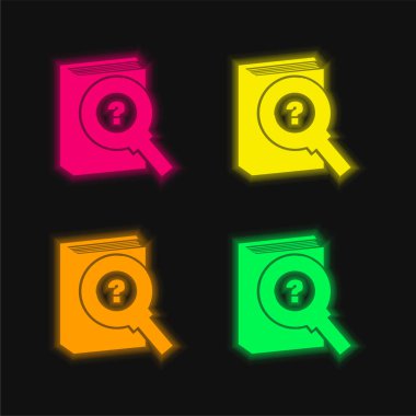 Kitap ve Büyüteç Soru İşareti ile parlayan neon vektör simgesi