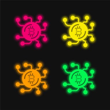 Bitcoin dört renk parlayan neon vektör simgesi