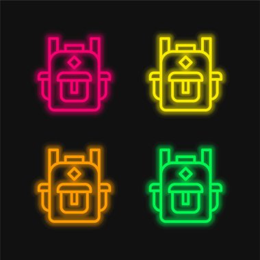 Sırt çantasında parlayan dört renk neon vektör simgesi