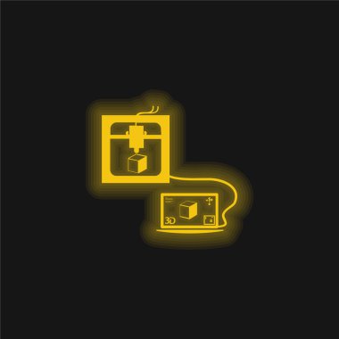 3d Yazıcı Laptop 'a Bağlandı Bir Küp sarı parlak neon simgesi yazdırıyor