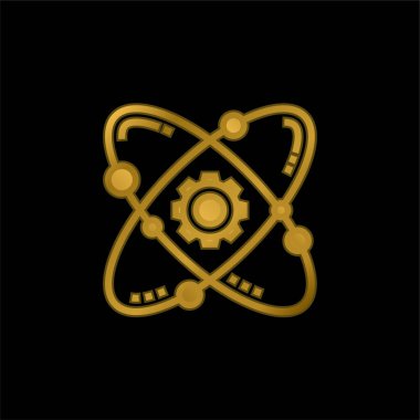 Atom altın kaplamalı metalik simge veya logo vektörü