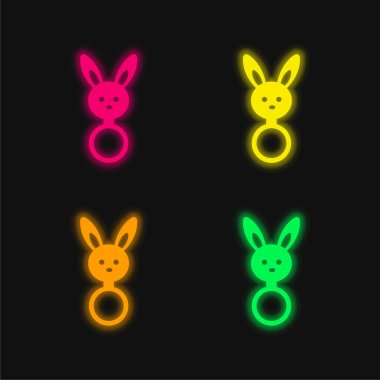 Tavşan Kafalı Bebek Çıngırağı Şekil 4 renkli parlak neon vektör simgesi