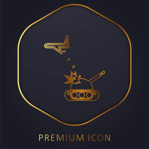 Бросок бомб на боевой танк золотая линия логотип или значок