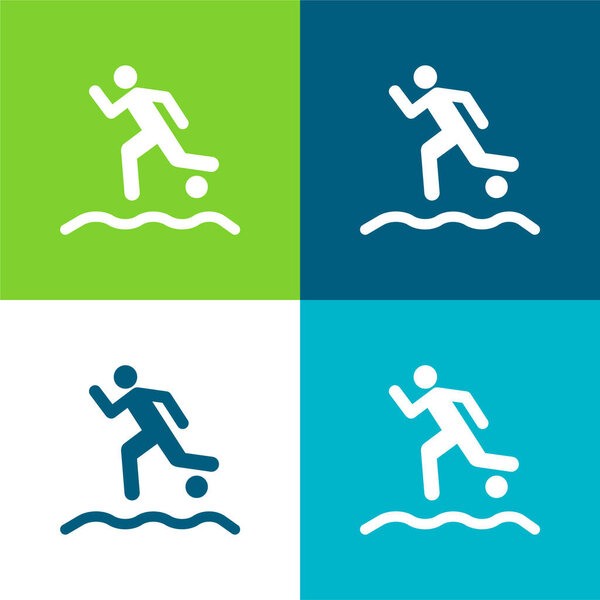 Игрок на пляже бегает с мячом на плоской четырехцветной минимальной иконке