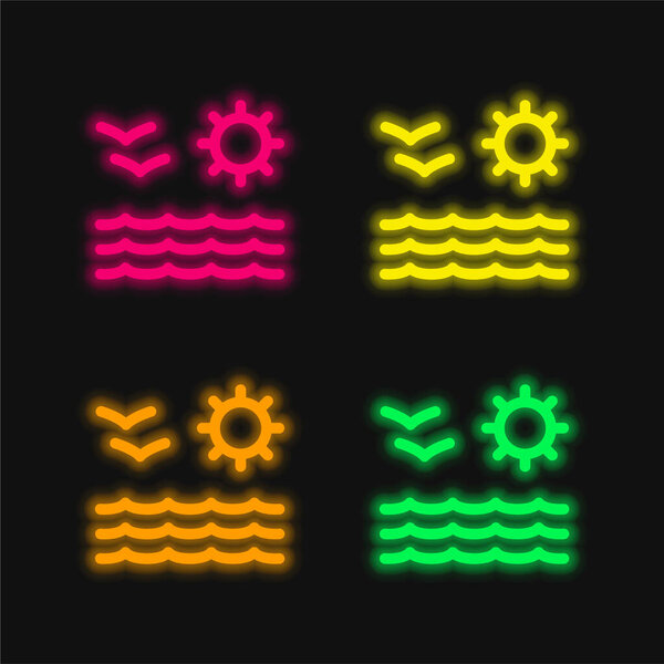 Beach View Of Sea Sun And Seagulls Couple four color glowing neon vector icon