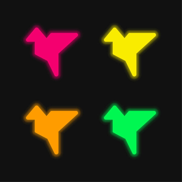 Bird Shape Origami four color glowing neon vector icon