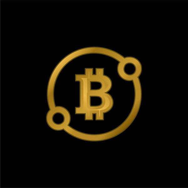 Bitcoin Signation in a circle with two spots conneed the gold platined metalic icon or logo vector