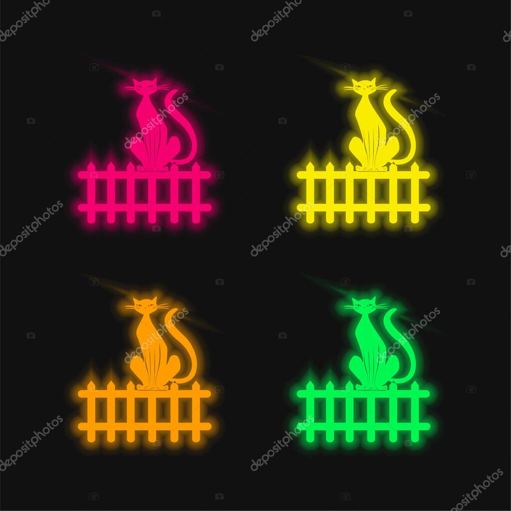 Black Cat On Fence four color glowing neon vector icon
