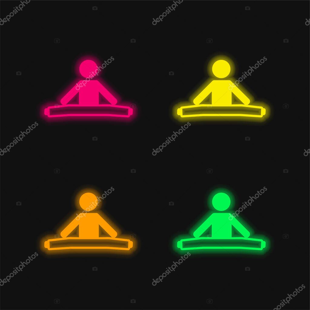Boy Stretching Both Legs four color glowing neon vector icon