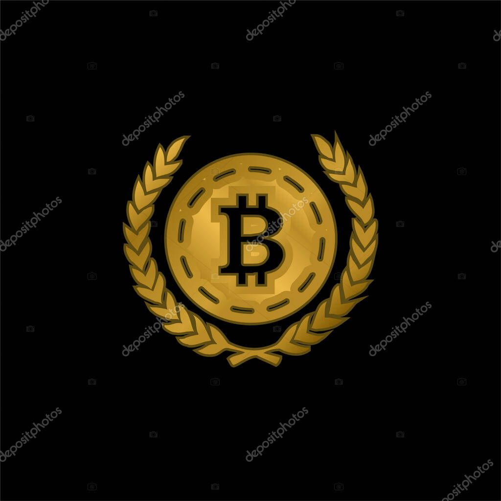 Bitcoin With Olive Leaves At Both Sides gold plated metalic icon or logo vector