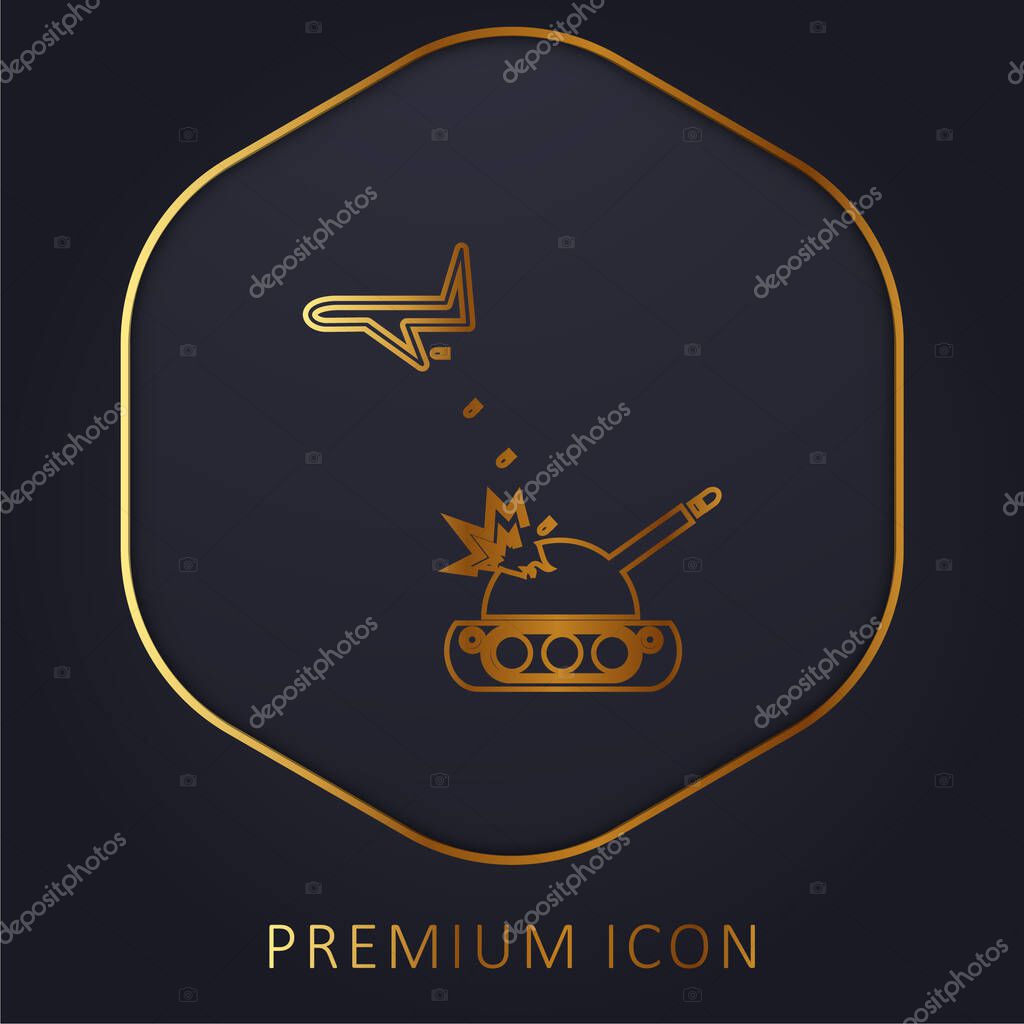 Airplane Throwing Bombs On A War Tank golden line premium logo or icon