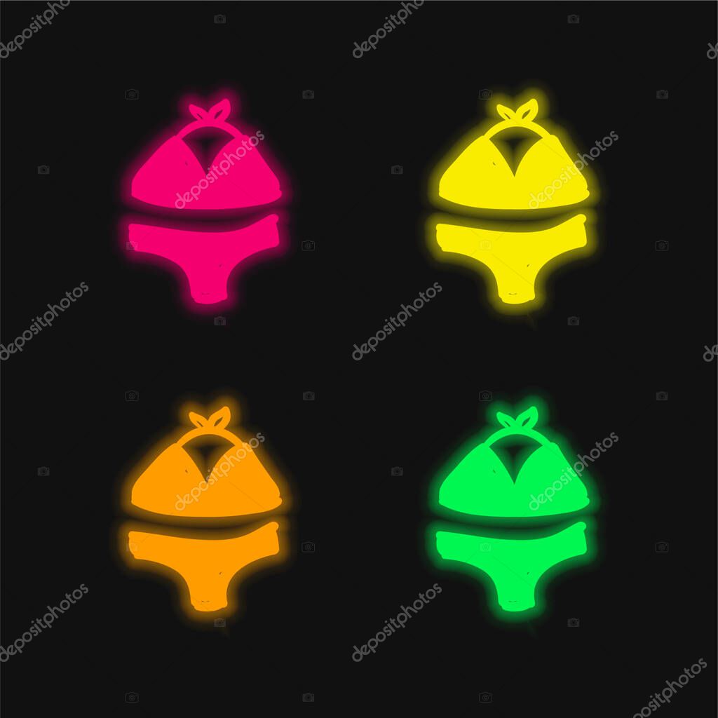Bikini Hand Drawn Beach Clothes four color glowing neon vector icon