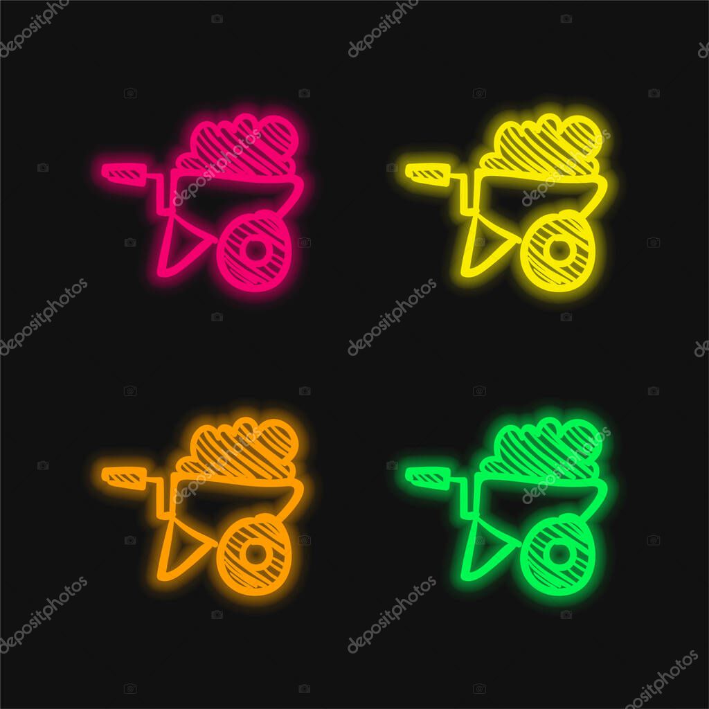 Barrow Full Of Construction Material Hand Drawn Tool four color glowing neon vector icon