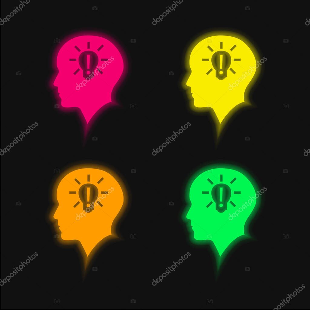 Bald Head With Lightbulb With Exclamation Sign Inside four color glowing neon vector icon