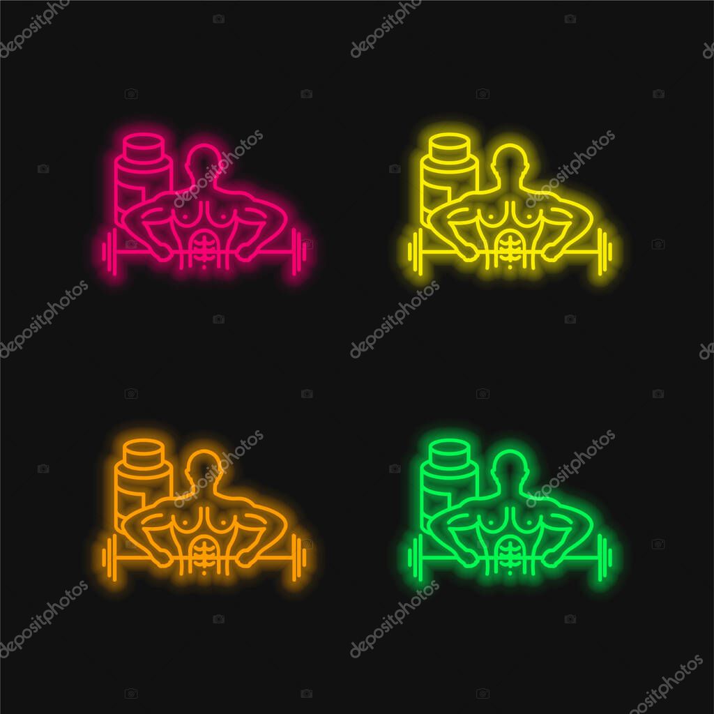 Bodybuilder Carrying Dumbbell four color glowing neon vector icon