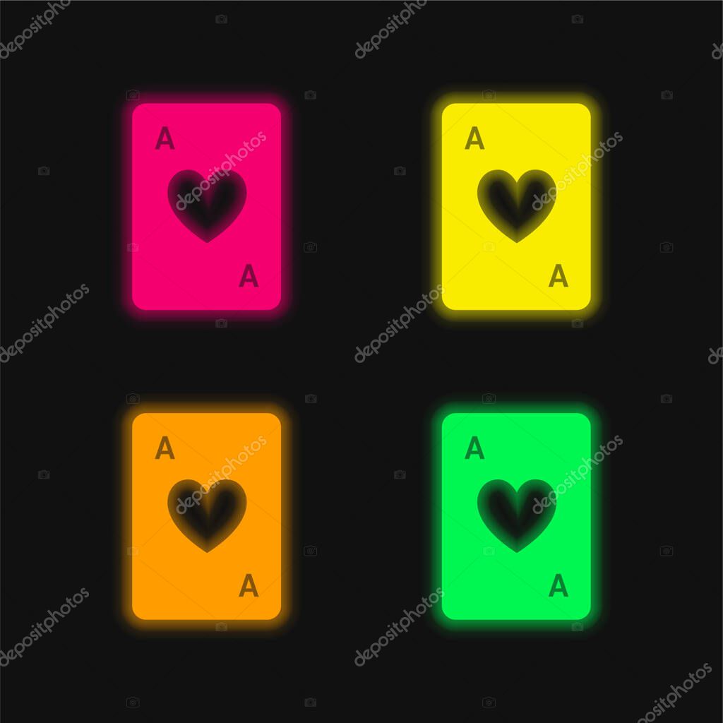 Ace Of Hearts four color glowing neon vector icon