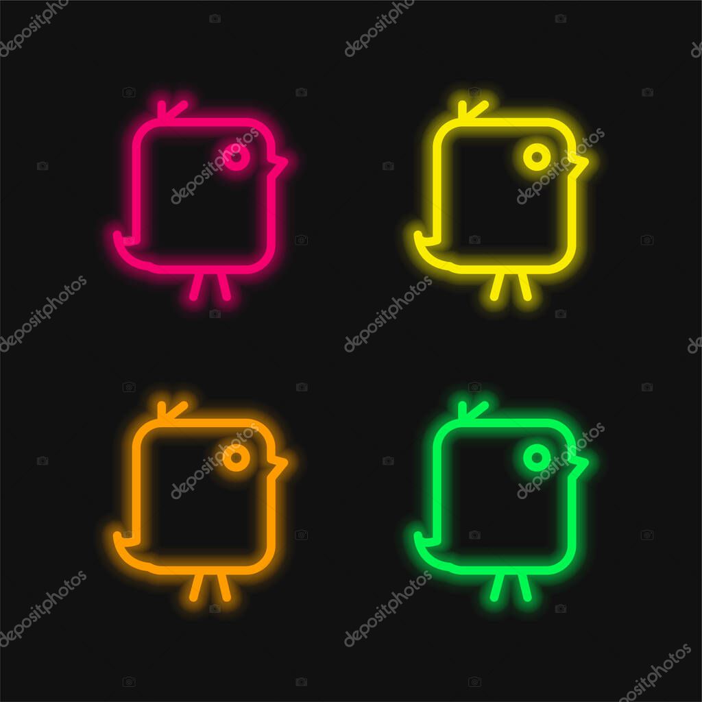 Bird Of Cute Rounded Rectangular Shape four color glowing neon vector icon