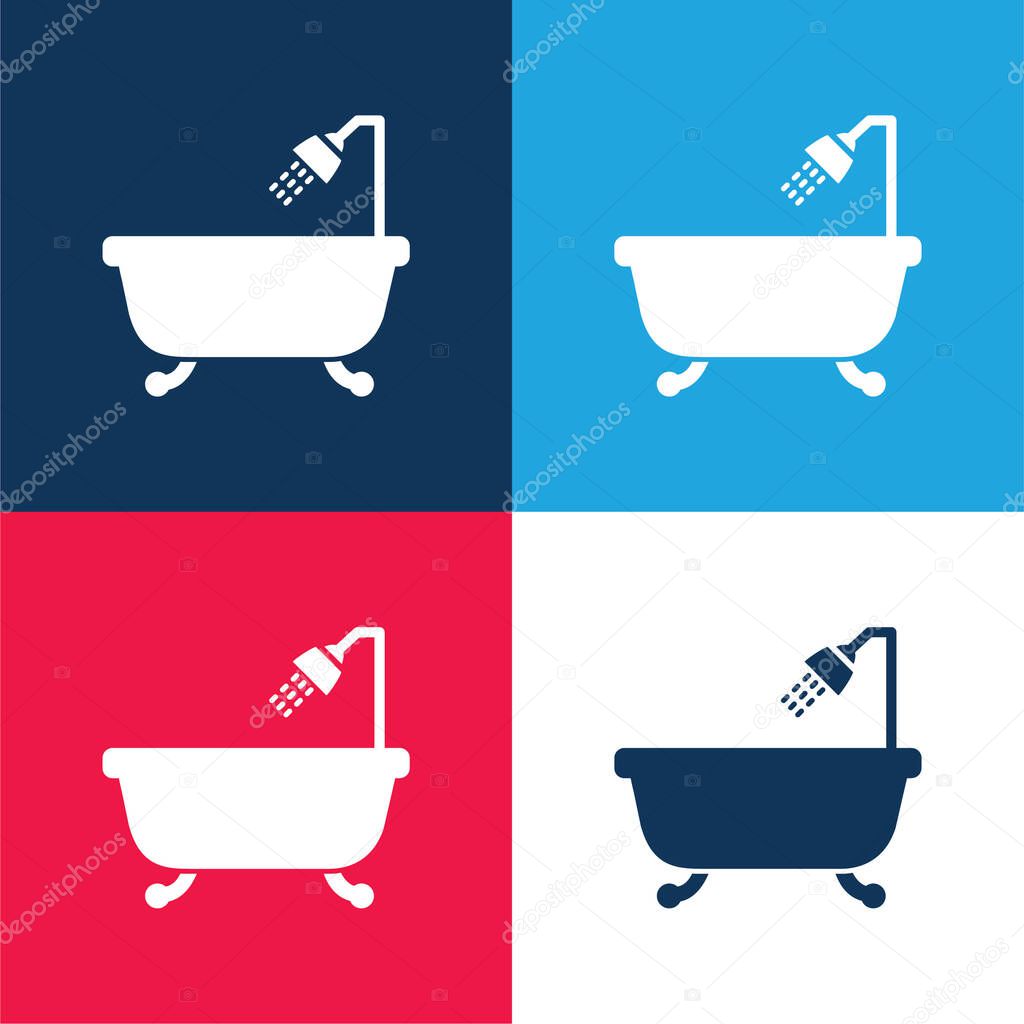 Bathtub With Opened Shower blue and red four color minimal icon set