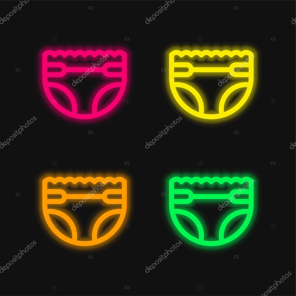 Baby Diaper four color glowing neon vector icon