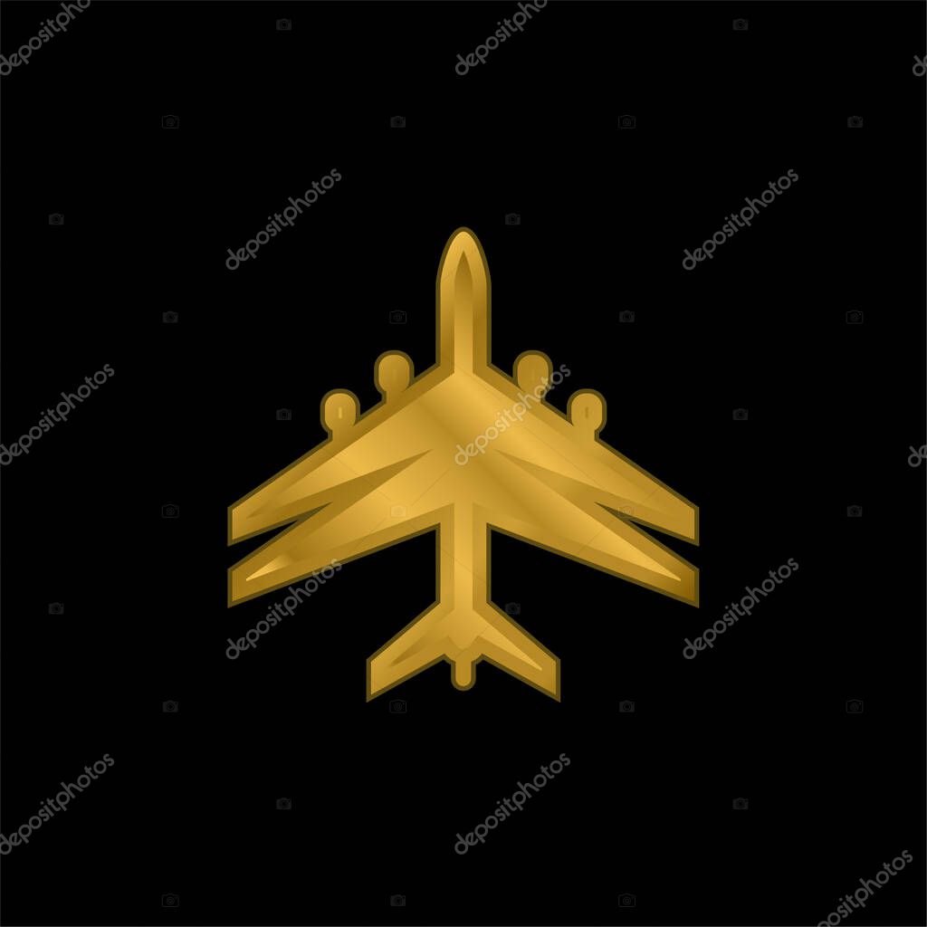 Airplane Black Shape With Double Wings gold plated metalic icon or logo vector