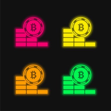 Bitcoin Sikkesi Gidiyor Dört renk parlayan neon vektör simgesi