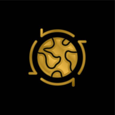 Dünya altın kaplama metalik ikon veya logo vektörü etrafında