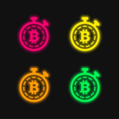 Bitcoin Sembolü Bir Zamanlayıcı Varyantı içinde dört renk parlayan neon vektör simgesi