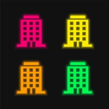 Büyük Bina dört renk parlayan neon vektör simgesi