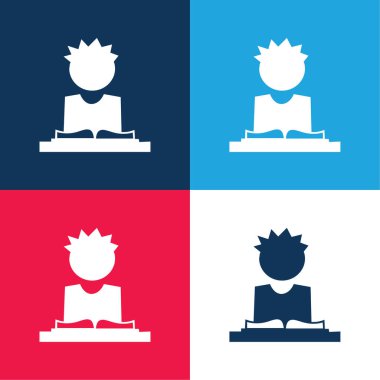 Ertesi gün için ders kitabı okuyan çocuk mavi ve kırmızı dört renk minimumu simge seti