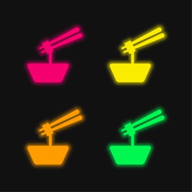 Çubuklu Ramen Kasesi Dört renkli parlak neon vektör simgesi