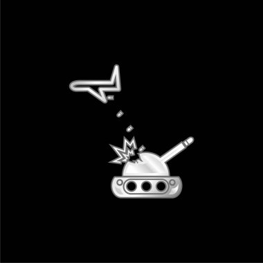 Airplane Throwing Bombs On A War Tank silver plated metallic icon clipart