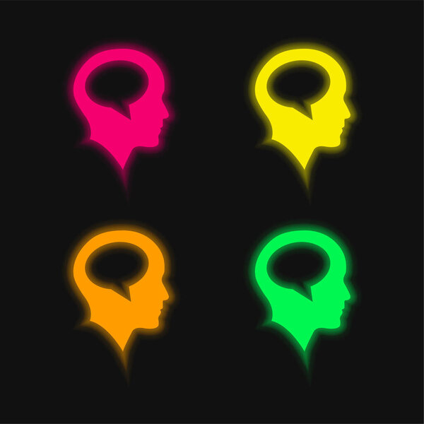 Bald Head With Speech Bubble Inside four color glowing neon vector icon