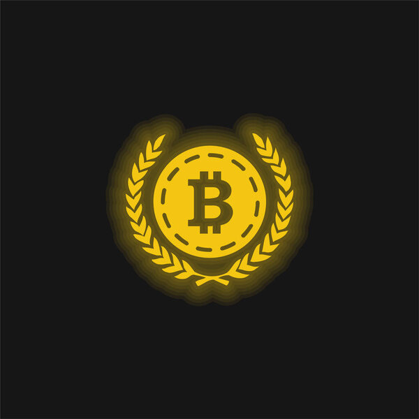 Bitcoin With Olive Leaves At Both Sides yellow glowing neon icon