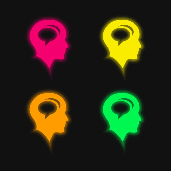 Bald Head With Chat Bubbles Inside four color glowing neon vector icon