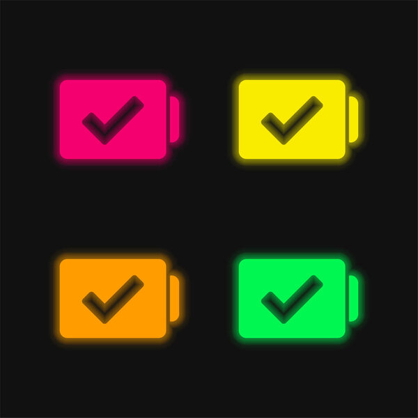 Батарея с подтверждением Знак четыре цвета светящийся неоновый вектор значок