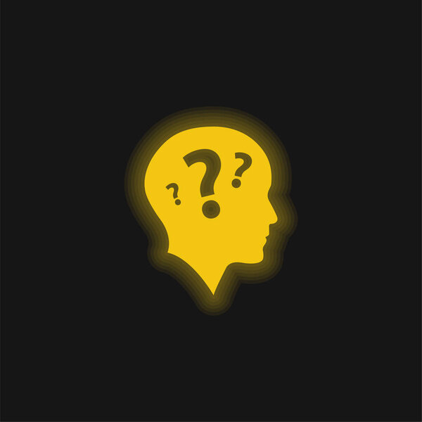 Bald Head Side View With Three Question Marks yellow glowing neon icon